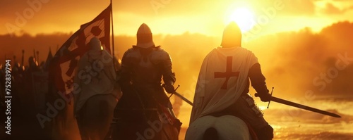 Knights Templar their path lit by the cross in the soft light of sunset journey as warriors in search of the Holy Grail photo