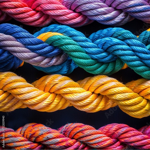 Multicolored rope twisted together by a team