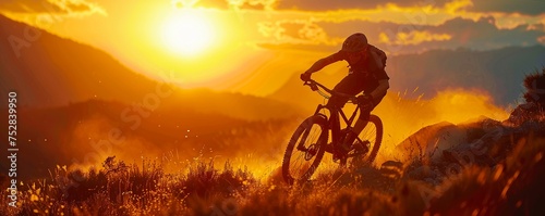 Mountain biker silhouette against a setting sun © Thanapipat
