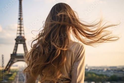 Back view of young elegant woman looking at Eiffel Tower. Tourism. Travelling Concept with Copy Space. 