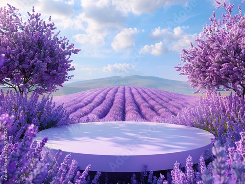 3D lilac podium set against a summer lavender field
