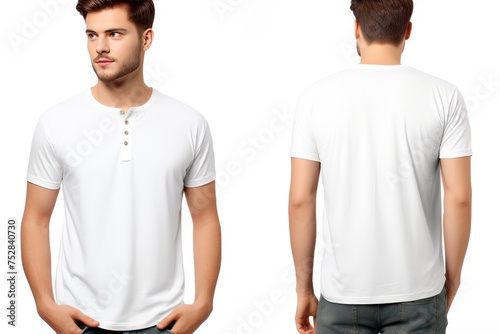 White polo t-shirt mockup, front and back view, Male model wearing a t-shirt on a White background, Ai generated