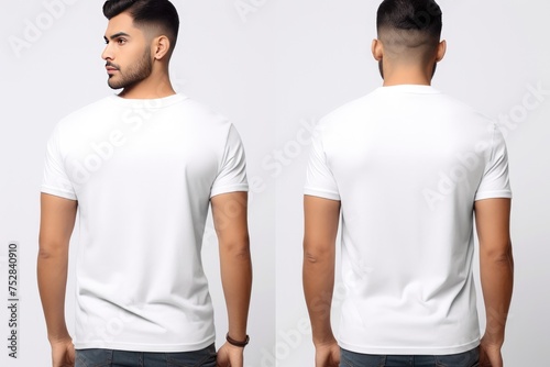 Blank polo t-shirt mockup, front and back view, Male model wearing a white color Henley t-shirt on a White background, front view and back view, Ai generated