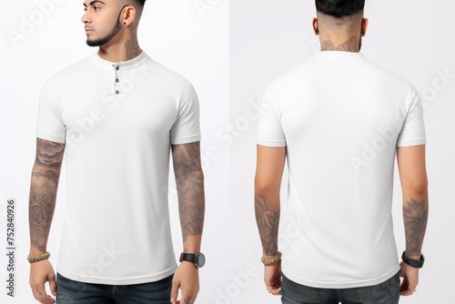 Blank polo t-shirt mockup, front and back view, Male model wearing a white color Henley t-shirt on a White background, front view and back view, Ai generated