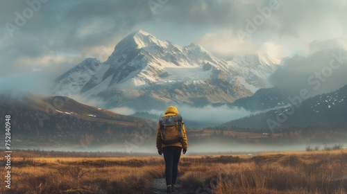 A hiker walking towards mountains.