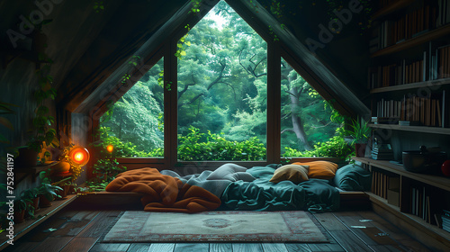 Cozy place to sleep with a large window  great view  nice and worm bed in the middle of the woods