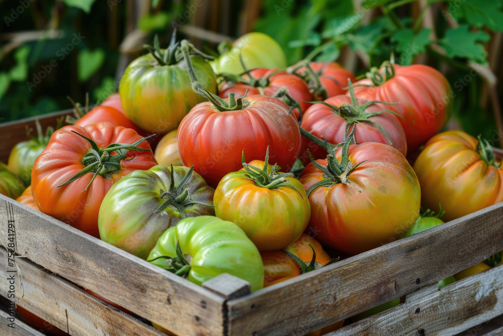 The harvested crop of ripe fresh tomatoes in a box