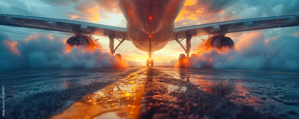 Dramatic view of an airplane's landing gear and jet engine on a runway, with intense smoke and vapor during a powerful takeoff, showcasing aviation might and travel readiness - obrazy, fototapety, plakaty 