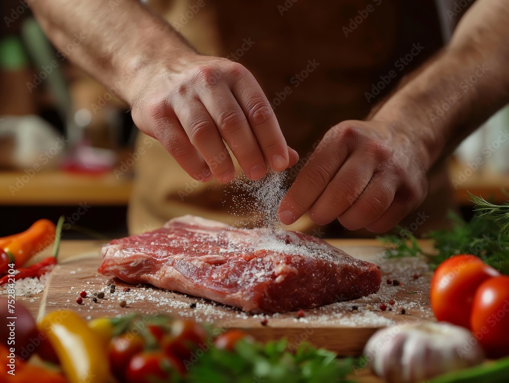 Close-up of hands sprinkling salt over raw, juicy steak surrounded by fresh vegetables, conveying the art of cooking