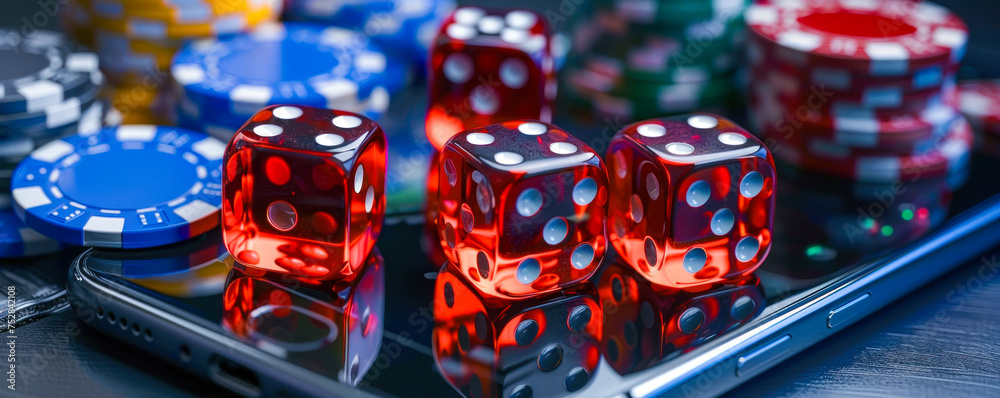 Transparent red dice and poker chips on a smartphone screen, representing online gambling, mobile betting, and the fusion of technology with casino games - obrazy, fototapety, plakaty 