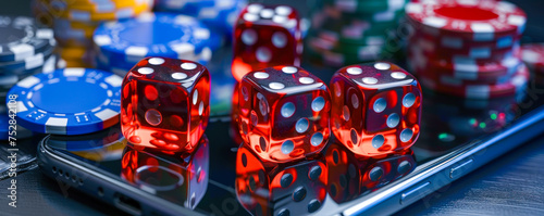 Transparent red dice and poker chips on a smartphone screen, representing online gambling, mobile betting, and the fusion of technology with casino games