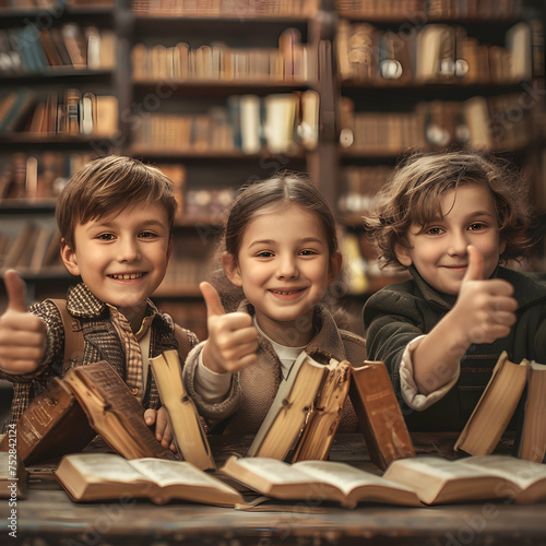 Group of children smiling, having thumbs up doing their dream job as Historians in the archives. Concept of Creativity, Happiness, Dream come true and Teamwork. photo