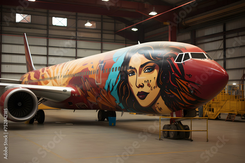 modern colorful plane parked in a hangar  photo
