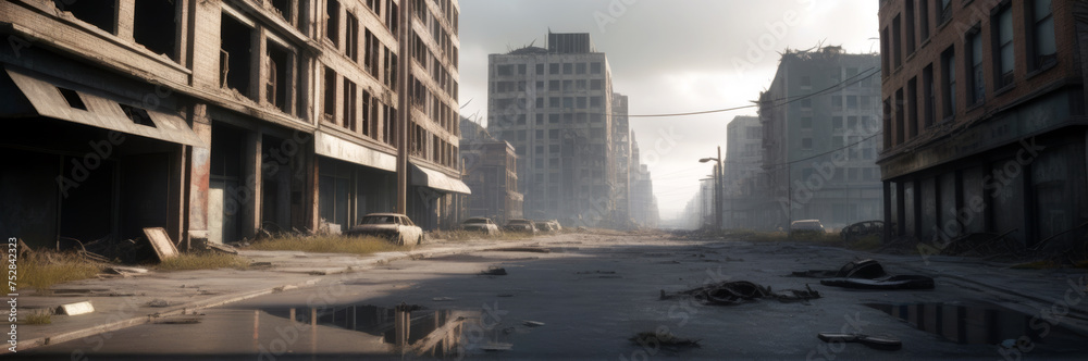 Street of an abandoned city, post war, post apocalyptic, destroyed buildings, rusty cars. Cloudy weather. Dystopia concept Street of an abandoned city, post war, post apocalyptic, destroyed buildings, rusty cars. Cloudy weather. Dystopia concept