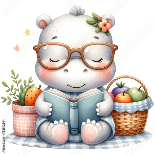 cute watercolor animals reading a book, world reading book day, cute animals,book clipart,baby animals with book