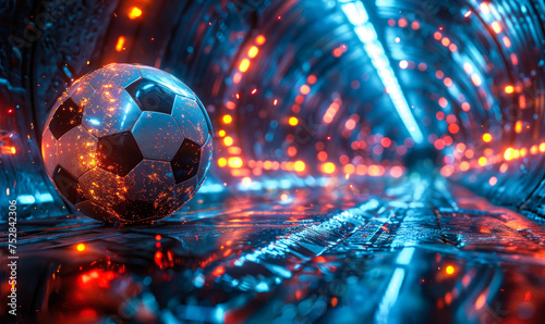 Futuristic vision of a soccer ball in a symmetric, high-tech tunnel, representing advanced sports technology and modern design aesthetics