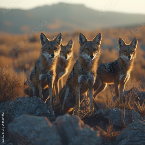 Jackal family standing in front of the camera in the rocky plains with setting sun. Group of wild animals in nature. © linda_vostrovska