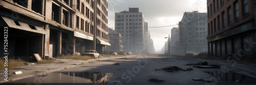Street of an abandoned city, post war, post apocalyptic, destroyed buildings, rusty cars. Cloudy weather. AI illustration.
