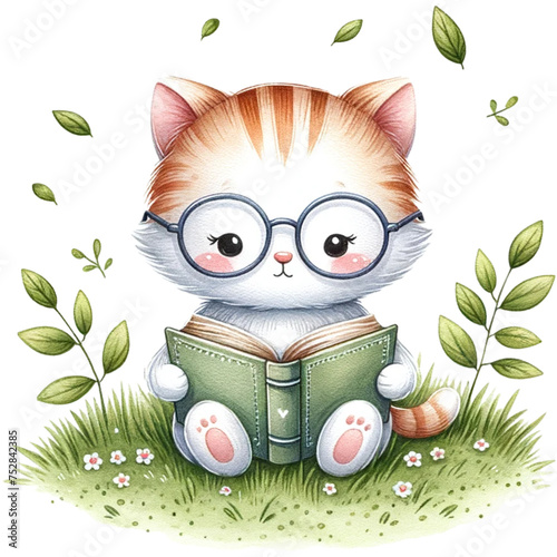 cute watercolor animals reading a book, world reading book day, cute animals,book clipart,baby animals with book photo