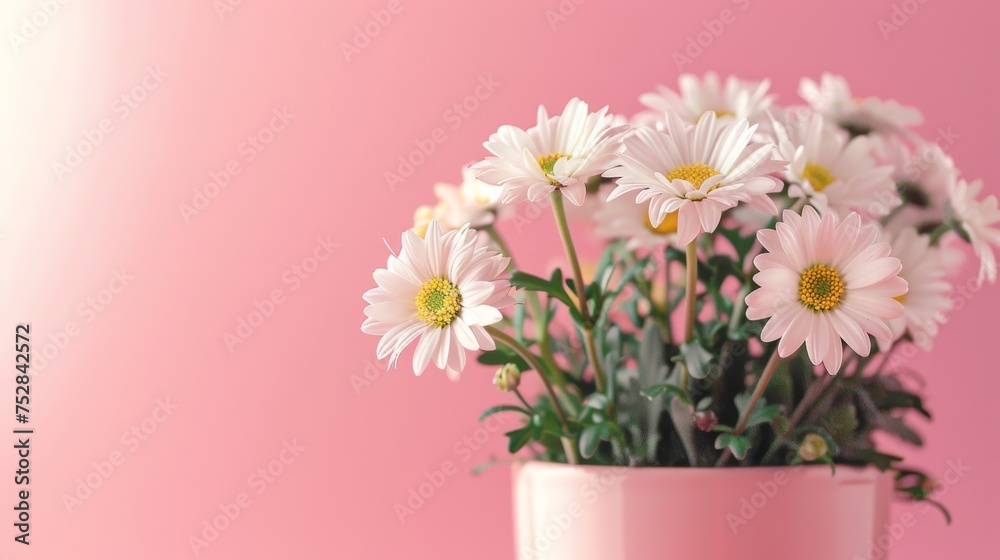 A pink vase overflows with delicate white flowers