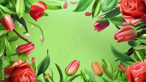 Wallpaper Mural Spring-themed banner featuring a border of rose blossoms and verdant foliage on a green backdrop, with room for text. Torontodigital.ca