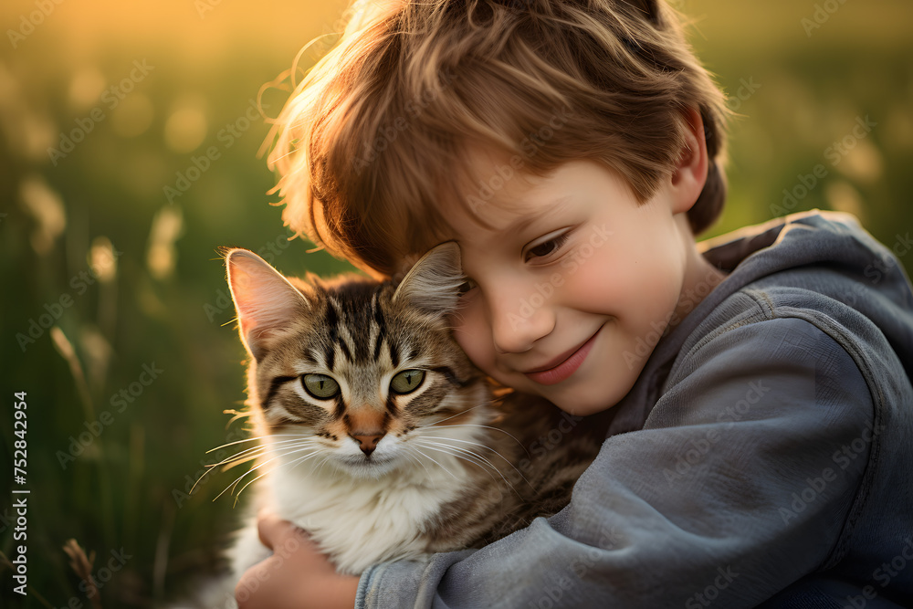 A little boy hugs his cat in a meadow on a sunny day