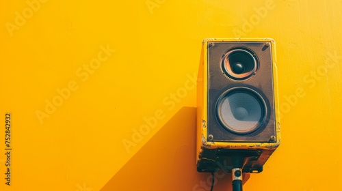 A yellow wall adorned with a speaker emitting sound waves