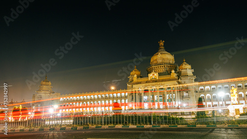 Night view of Vidhana Soudha, a building in Bangalore, India which serves as the seat of the state legislature of Karnataka, India.  photo