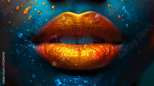 Close-up female with blue skin and golden lips. Golden lips with water dripping from them