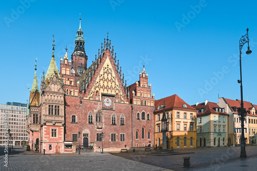 Market Square Old Town Cityscape of Wroclaw  Poland in Sunshine  Blue Skies Sky in Spring - Gothic Architecture