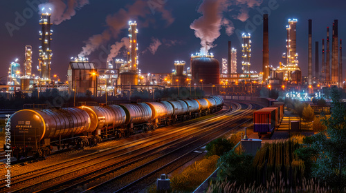 A long freight train with tank wagons drives slowly through an industrial area with chemical factory.