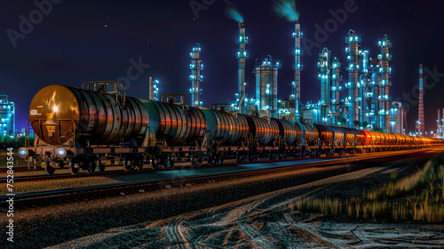 A freight train with tank wagons drives slowly through an industrial area with chemical factory.