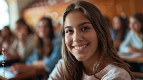 A cheerful college student in a classroom, engaged during a lecture, looking directly at the camera.