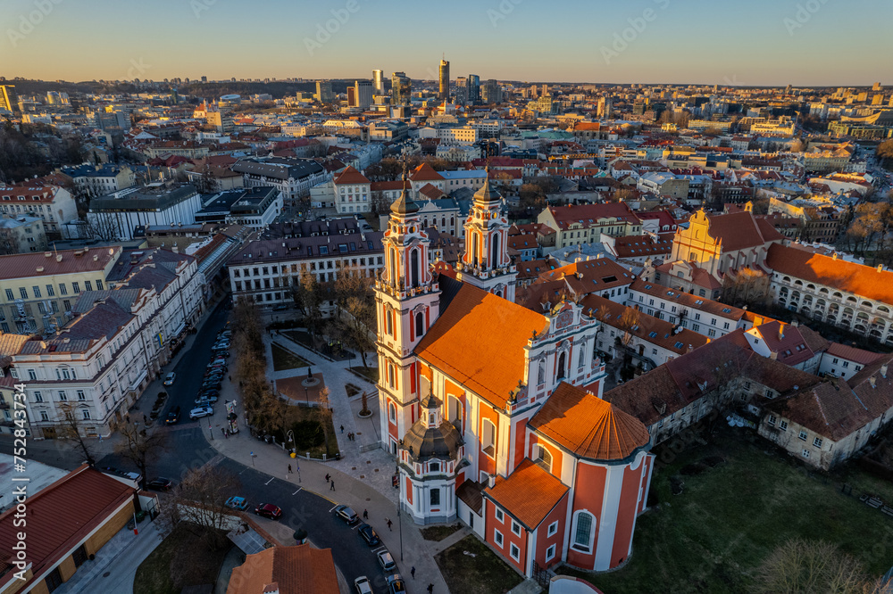 Aerial sunny spring view of Vilnius old town, Lithuania