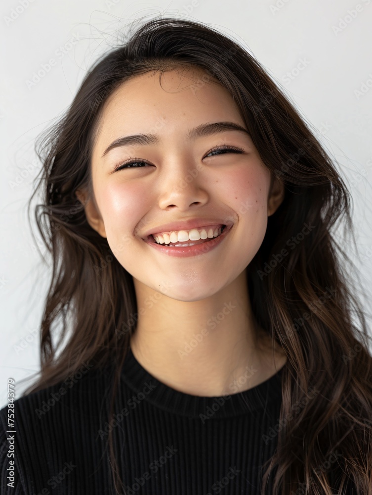 Beautiful Asian woman with a cheerful expression, standing alone against a white backdrop, representing beauty and dental care. Beautiful Asian woman with a cheerful expression, standing alone against a white backdrop, representing beauty and dental care.