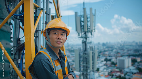 Helmeted asian male engineer works in the field with a telecommunication tower that controls cellular electrical installations to inspect and maintain 5G networks installed on high-rise buildings.