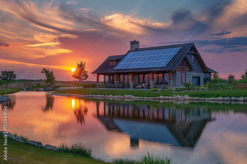 Fototapeta premium a house with solar panels on the background of a meadow and a pond
