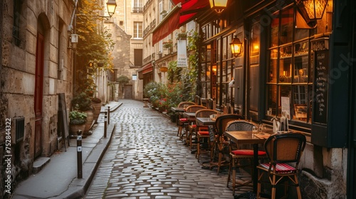 Historic Parisian street lined with cafe terraces, offering a charming city view.
