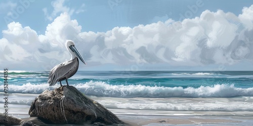 A pelican soaring over the sea.