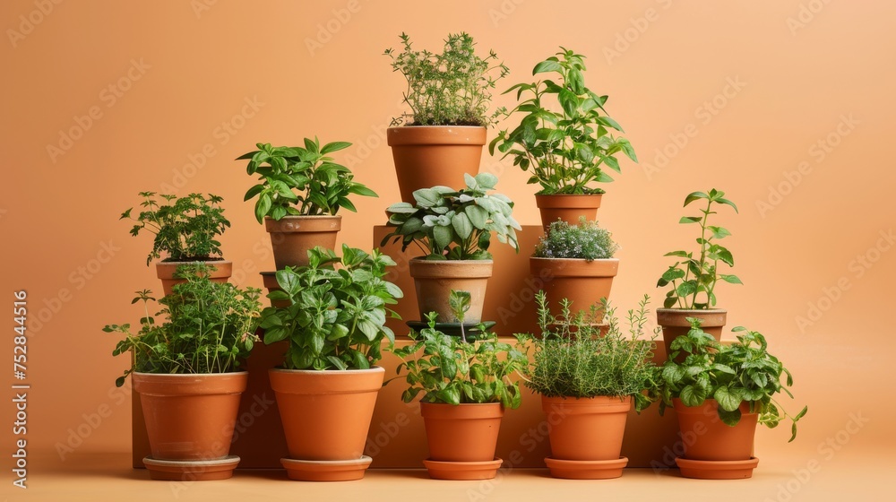 A group of potted plants stacked on top of each other, creating a unique and artistic display