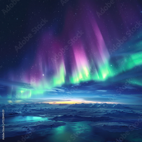 Capturing the Northern Lights over Earth, with vibrant green and purple lights dancing across the night sky © somruethai