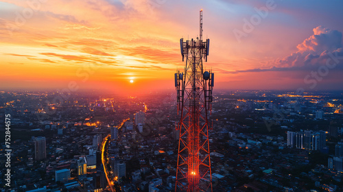 Telecommunication tower with 5G cellular network antenna on city background, Global connection and internet network concept. photo
