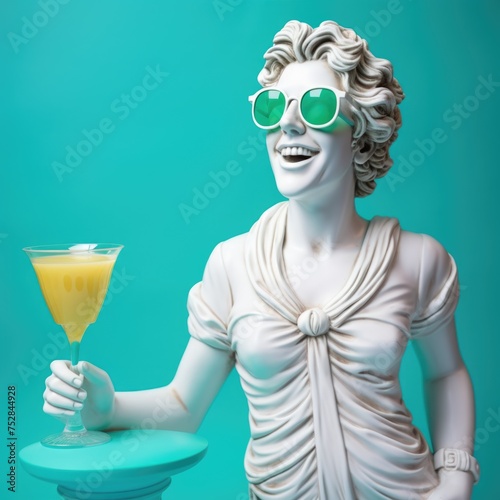 Greek woman statue wearing colorful sunglasses  wearing sun hat  drink juice coctai