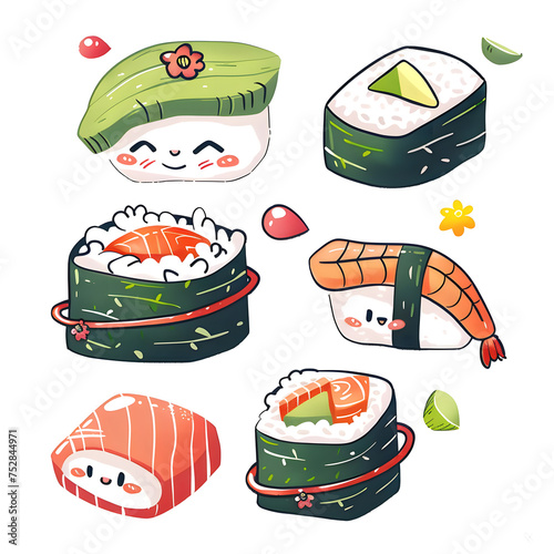 Japanese sushi set. Asian Japan food. Colorful set of sushi from different types maki, uramaki rolls, nigiri, temaki snacks. set japan asian food vector logo design pack isolated. Vector illustration