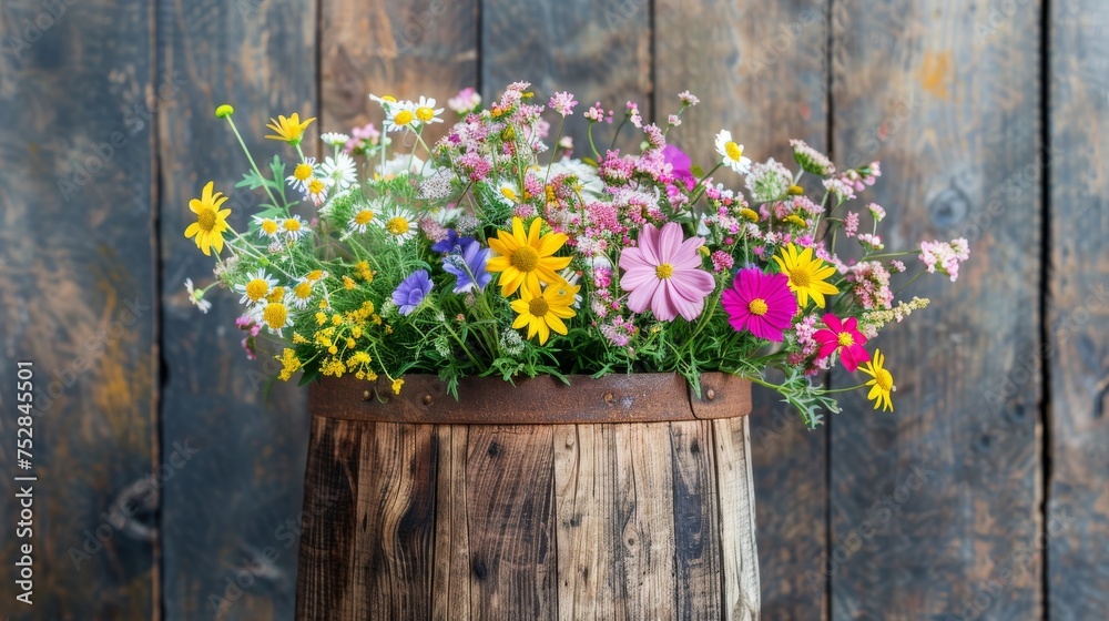 A wooden barrel overflowing with vibrant, colorful flowers