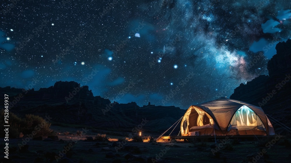 Camping in the mountains under a starry night sky.