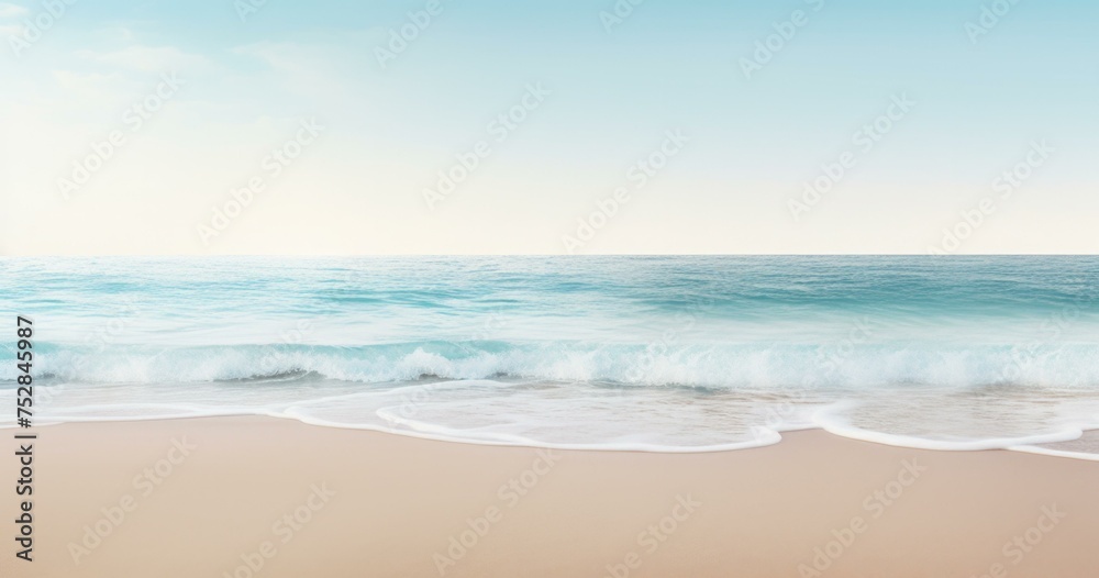 A beach with a wave coming in and a person walking on the sand. Generative AI.