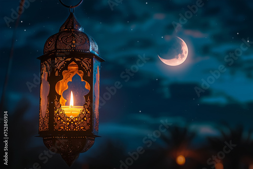 Islamic lantern with burning candle and night sky with waning crecent moon  photo