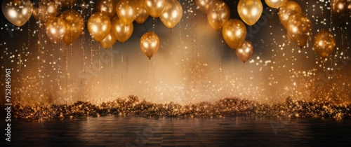 Golden balloons floating in the air with a black background. Generative AI. photo