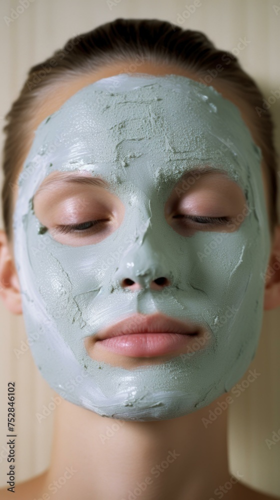 A woman with a green face mask on her face. Generative AI. A woman with a green face mask on her face. Generative AI.